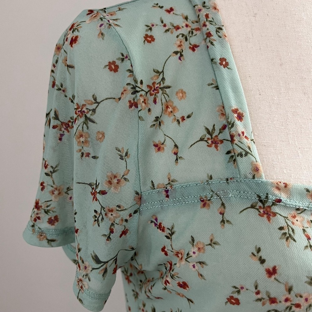 Mint Green Floral Short Sleeve Top Fairy Cottage Y2K Soft Girl Coquette Romantic - Picture 7 of 8